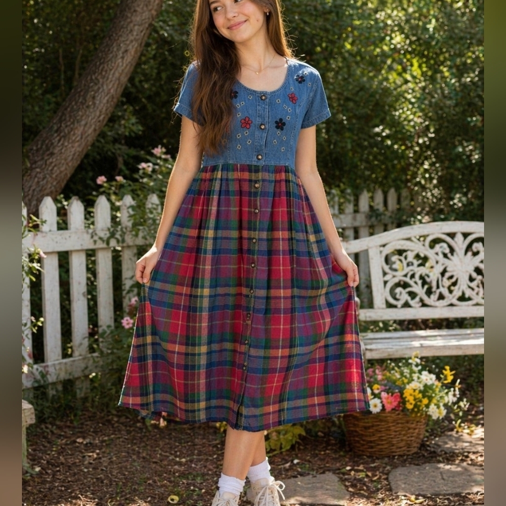 Jane Ashley Denim Bodice Plaid Dress Size M Vintage  Button Front Midi Dress